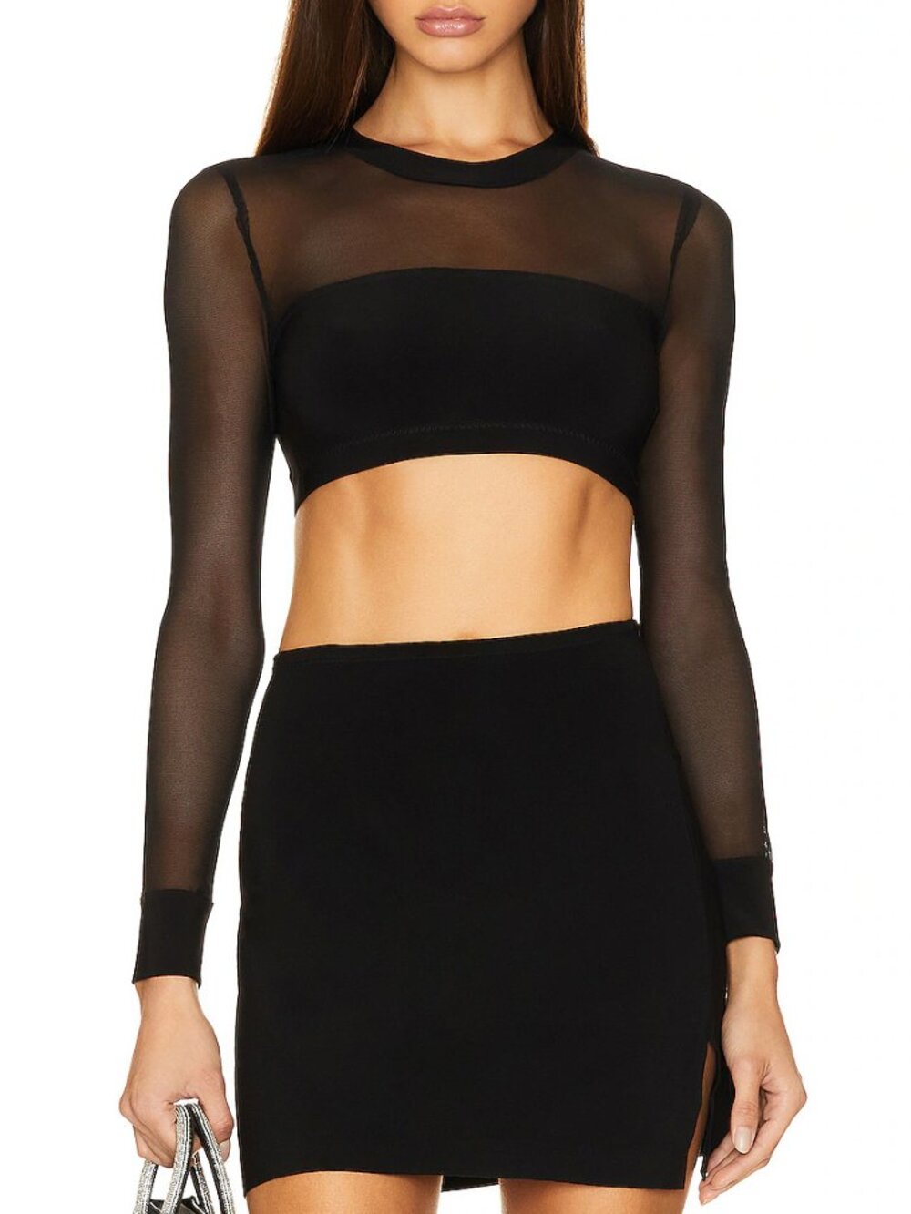 Norma Kamali Black Sheer Long Sleeve Crop Top